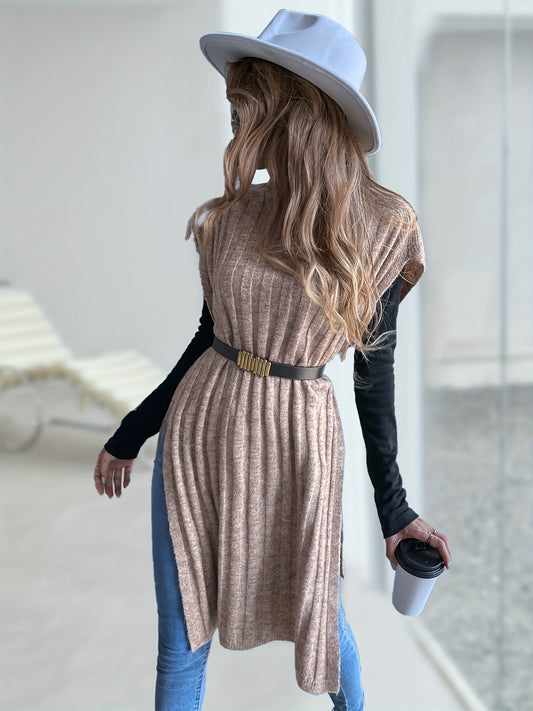 Sixsr Long Length Rib Knit Sweater, Casual Split Short Sleeve Sweater, Women's Clothing