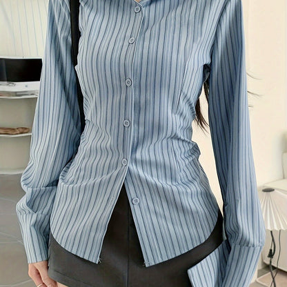 Sixsr Striped Print Button Front Shirt, Casual Long Sleeve Shirt For Spring & Fall, Women's Clothing