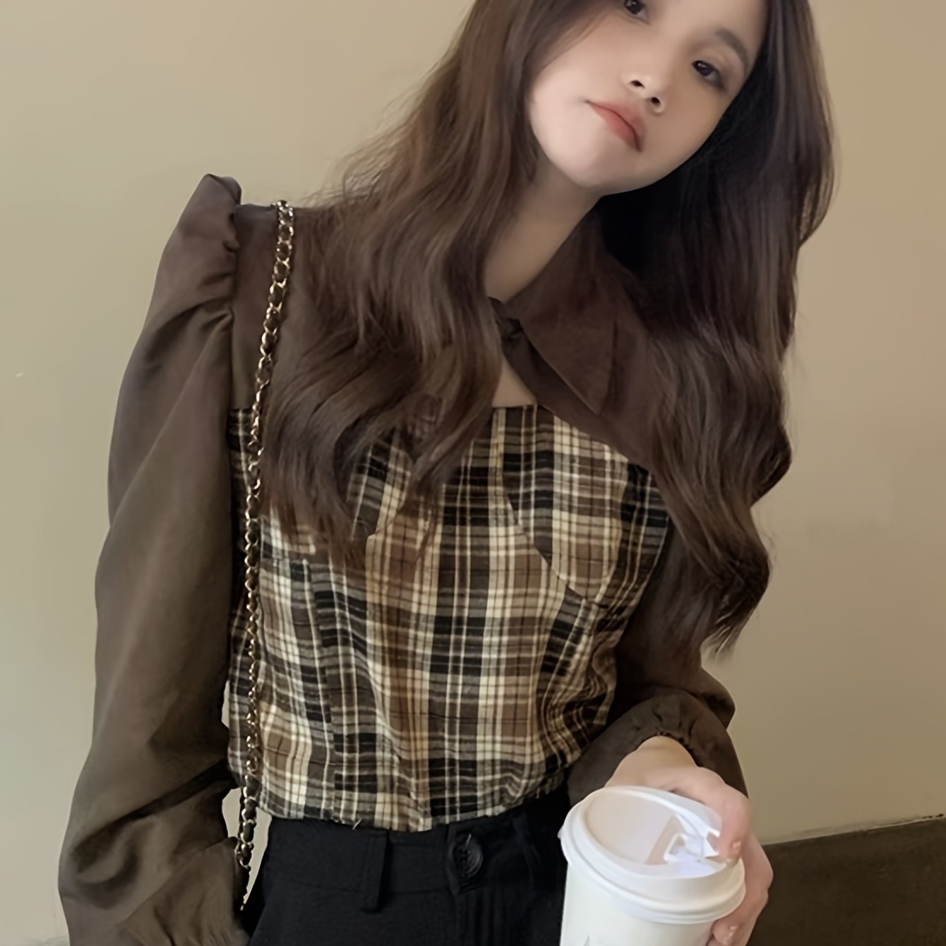 Sixsr Plaid Splicing Turn Down Collar Shirt, Casual Long Sleeve Every Day Shirt, Women's Clothing