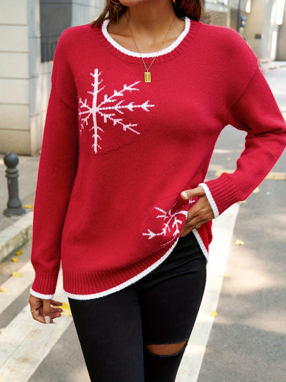 Cozy Snowflake Crew Neck Sweater - Pullovers - Elegant Long Sleeve Sweater for Fall & Winter, Women's Clothing with Festive Pattern, Soft Fabric, and Classic Style for Casual Daily Wear