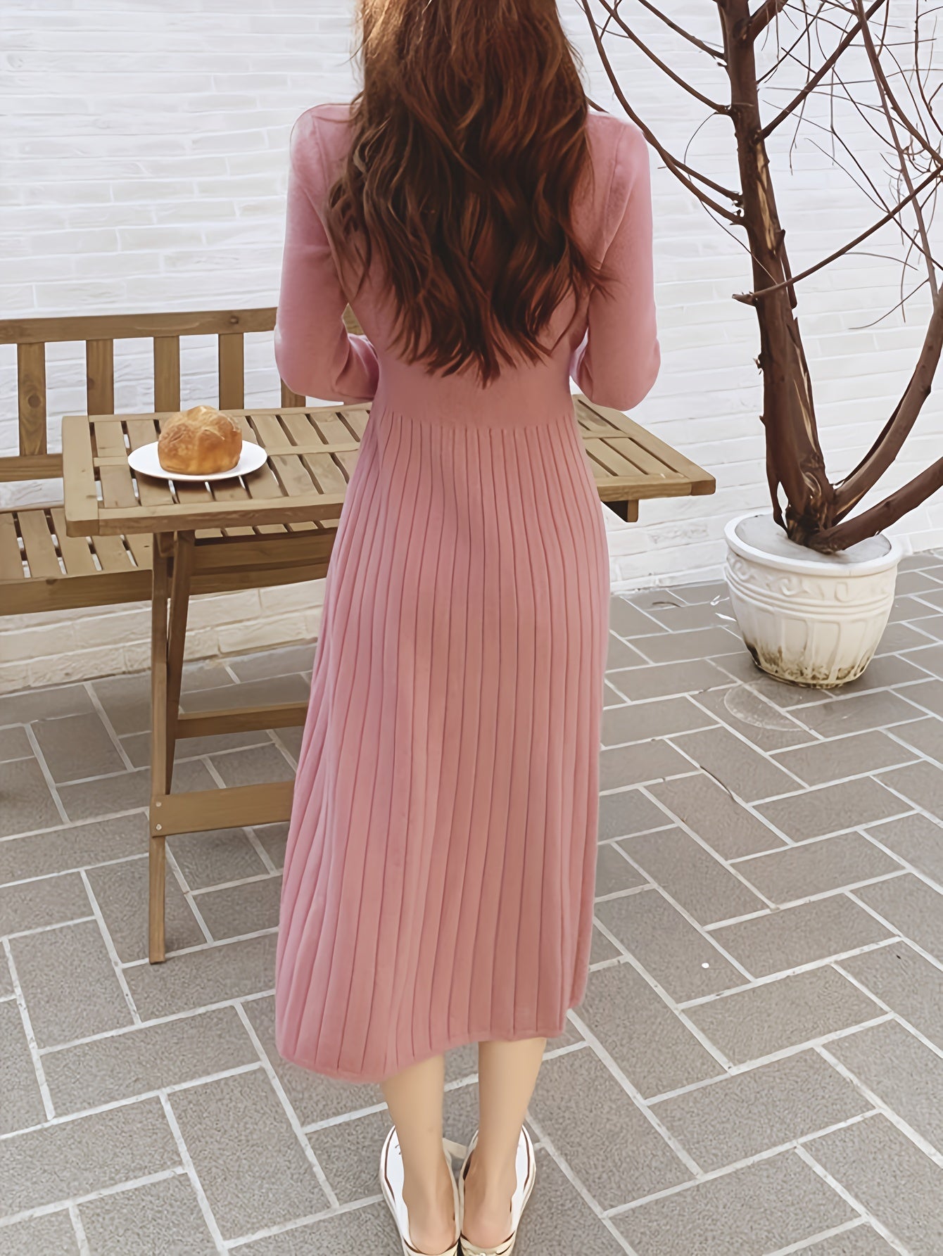 Sixsr Button Front V-neck Sweater Dress, Solid Long Sleeve Dress, Women's Clothing