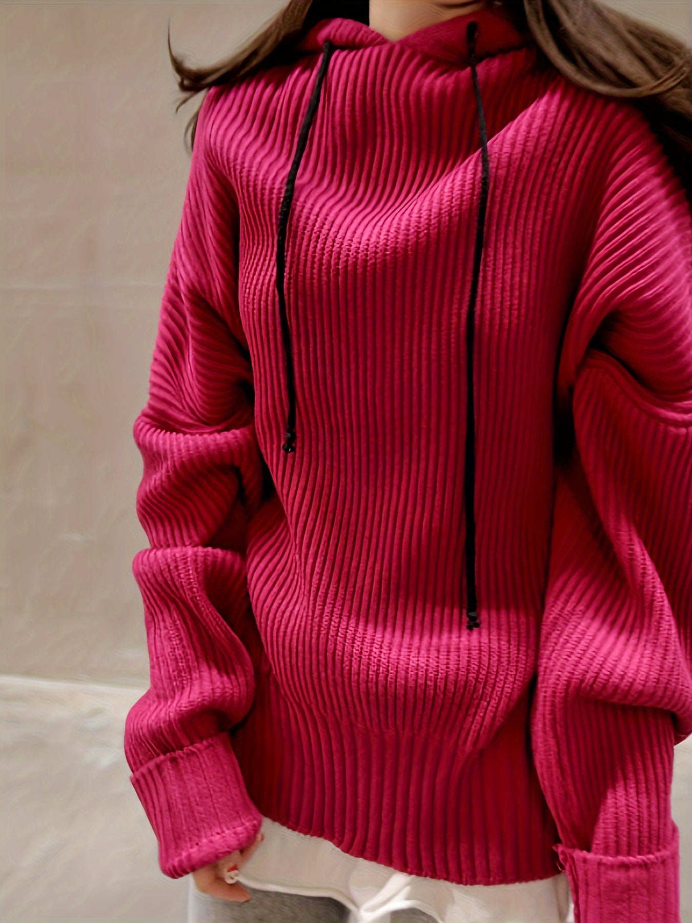 Sixsr Solid Drawstring Hooded Pullover Sweater, Casual Long Sleeve Oversized Sweater, Women's Clothing