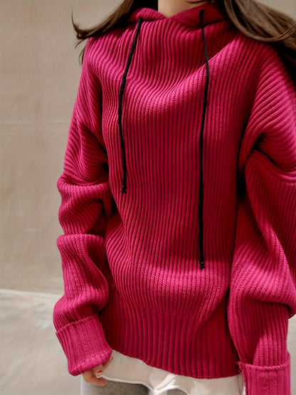 Sixsr Solid Drawstring Hooded Pullover Sweater, Casual Long Sleeve Oversized Sweater, Women's Clothing