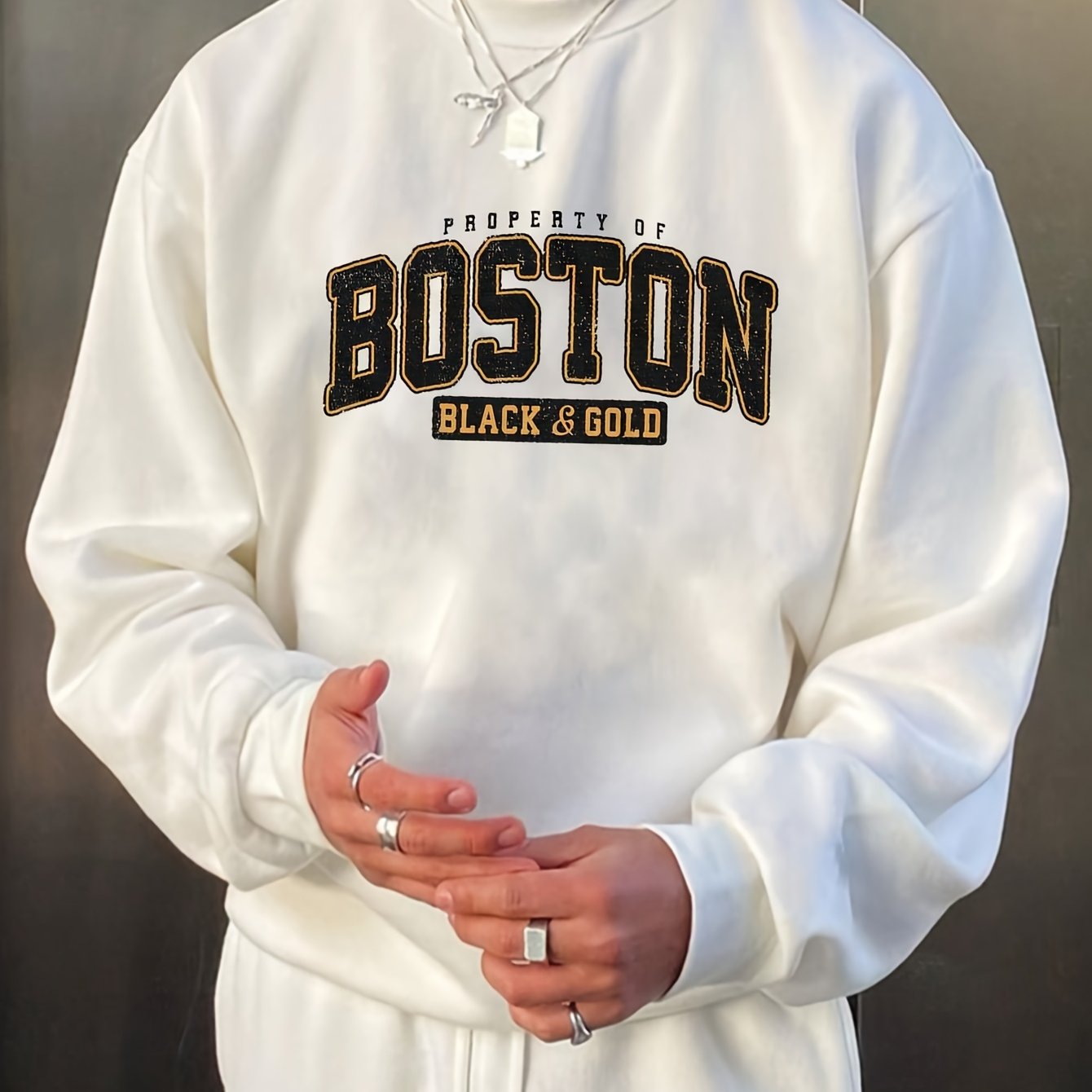 Sixsr BOSTON Print Fashionable Men's Casual Long Sleeve Crew Neck Pullover Sweatshirt,Suitable For Outdoor Sports,For Autumn Spring,Can Be Paired With Hip-hop Necklace,As Gifts