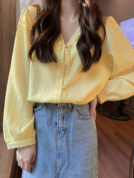 Sixsr Contrast Lace Solid Blouse, Casual V Neck Button Front Long Sleeve Blouse, Women's Clothing