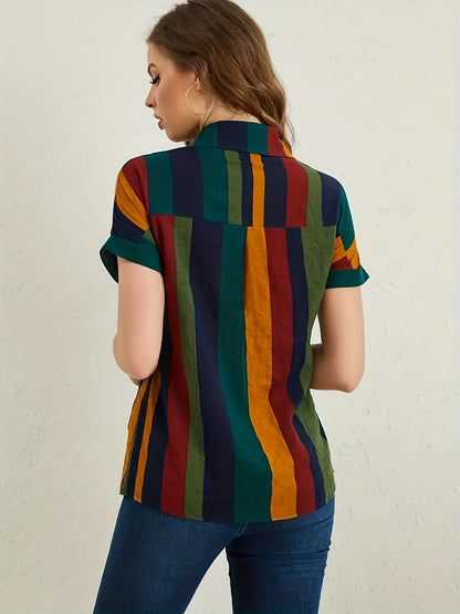 Sixsr Striped Button Front Blouse, Casual Short Sleeve Blouse For Spring & Summer, Women's Clothing