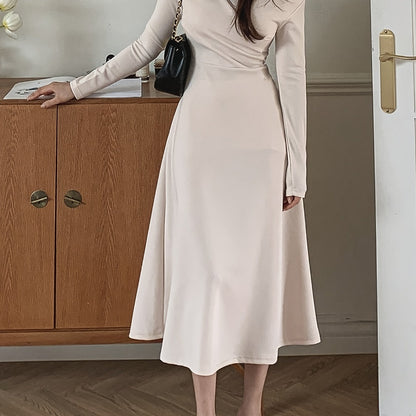 Sixsr Solid A-line Dress, Elegant V Neck Long Sleeve Dress For Spring & Fall, Women's Clothing