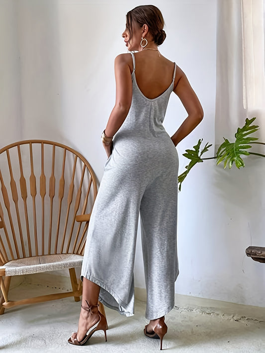 Sixsr Solid Spaghetti Wide Leg Jumpsuit, Casual Backless Sleeveless Jumpsuit For Summer, Women's Clothing