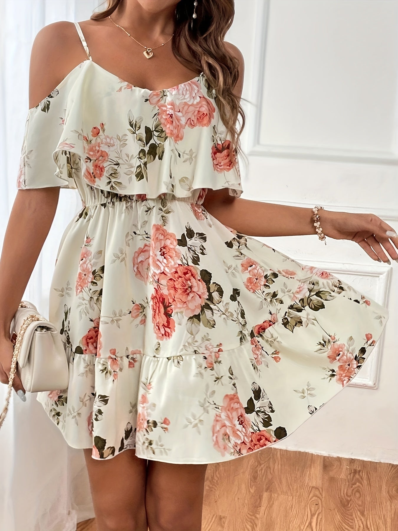 Sixsr  Floral Print Cold Shoulder Dress, Casual Ruffle Trim Dress For Spring & Summer, Women's Clothing