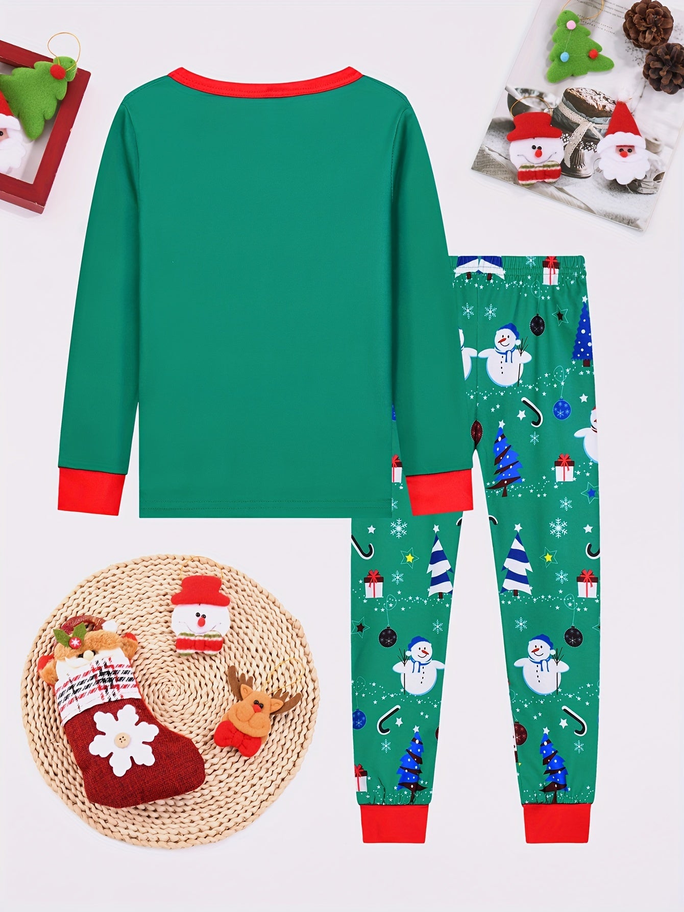 Children's Christmas Pajama Sets with Santa Digital Print, Knitted Fabric, Polyester 95%, Spandex 5%, Crew Neck, Slight Stretch, Fall/Winter, Flame Retardant, Comfortable Long Sleeve and Pants Sleepwear for Boys & Girls