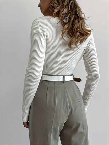 Sixsr Solid Sweetheart Neck Slim Sweater, Versatile Long Sleeve Knitted Top For Fall & Winter, Women's Clothing