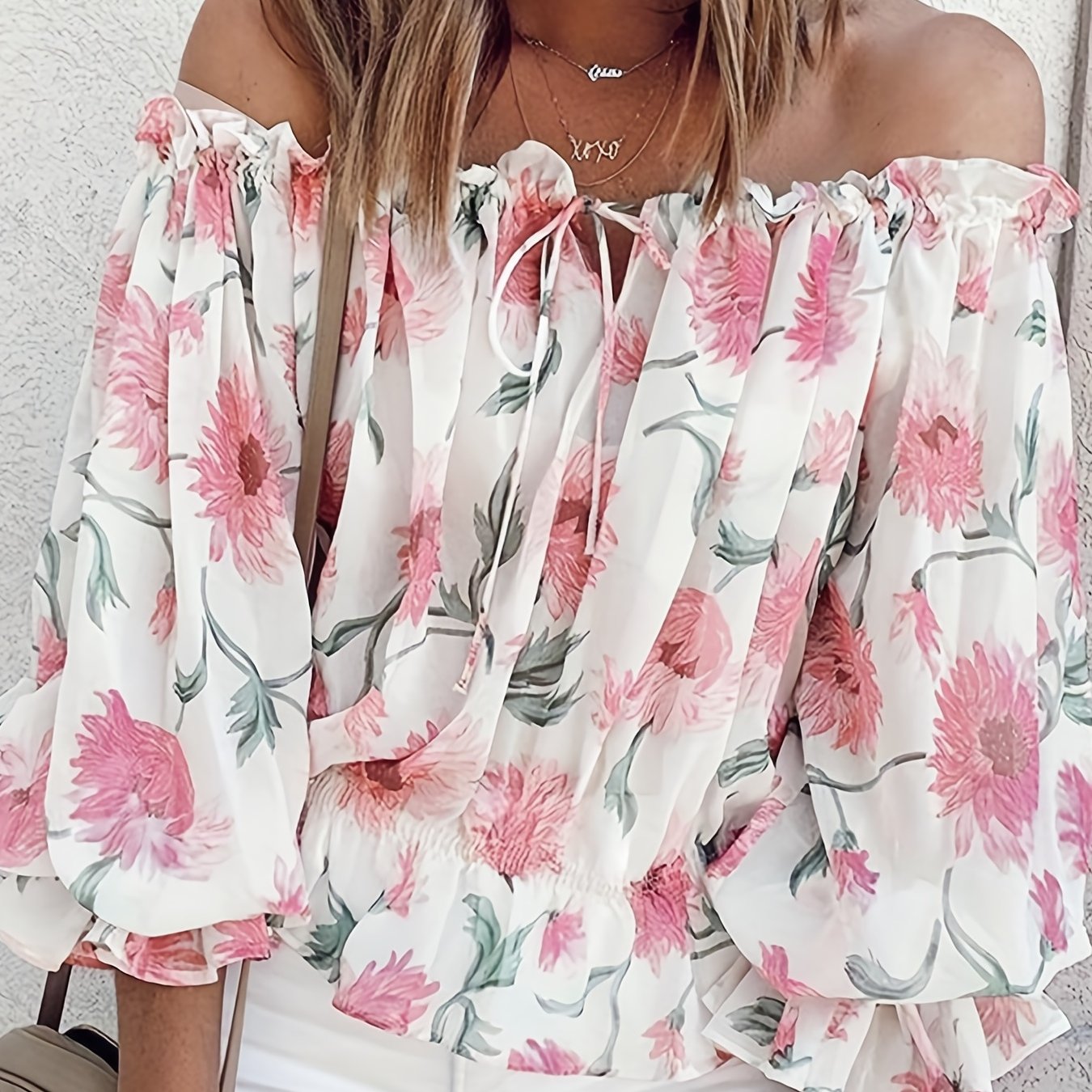 Off Shoulder Floral Print Blouse, Casual Ruffle Trim Blouse, Women's Clothing