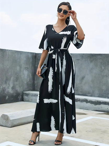 Flutter Sleeve Belted Maxi Dress, Casual Dress For Spring & Summer, Women's Clothing