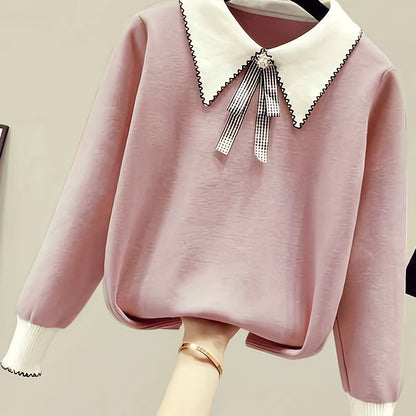 Sixsr Long Sleeve Shirt Collar Sweater, Spring & Fall Elegant Casual Warm Sweater, Women's Clothing