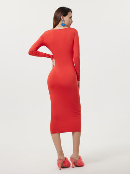 Sixsr Squared Neck Bodycon Dress, Casual Solid Long Sleeve Midi Dress, Women's Clothing