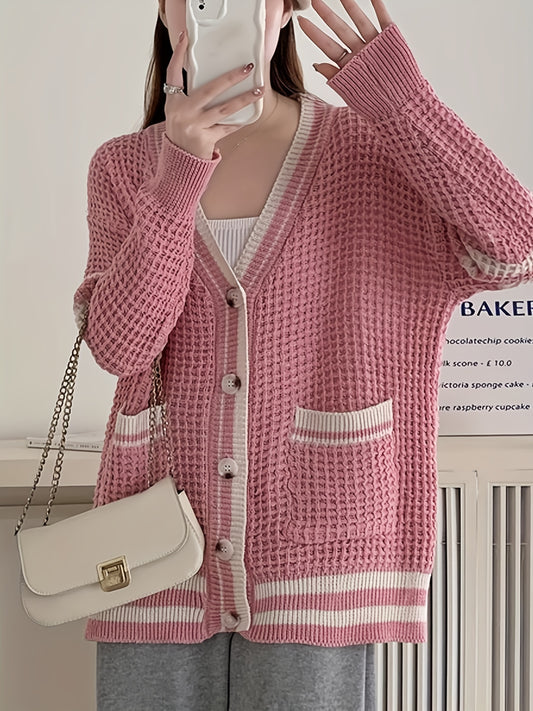 Sixsr Solid Button Front Cardigan, Casual Long Sleeve Drop Shoulder Outwear, Women's Clothing