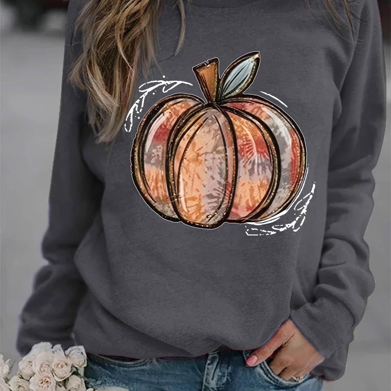 Sixsr Halloween Pumpkin Print Sweatshirt, Casual Long Sleeve Crew Neck Sweatshirt, Women's Clothing