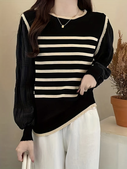 Women's Striped Knit Sweater - Comfortable and Versatile Crew Neck Sleeve Sweater