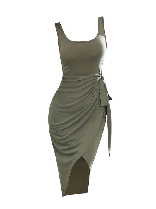 Sixsr Knotted Squared Neck Dress, Sexy Slim Sleeveless Dipped Hem Dress, Women's Clothing