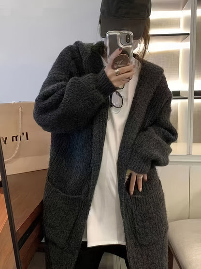 Sixsr Solid Open Front Hooded Cardigan, Versatile Long Sleeve Patched Pockets Cardigan For Fall & Winter, Women's Clothing