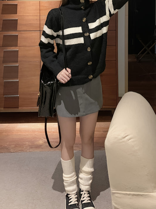 Sixsr Striped Button Front Knit Cardigan, Casual Long Sleeve Sweater, Women's Clothing