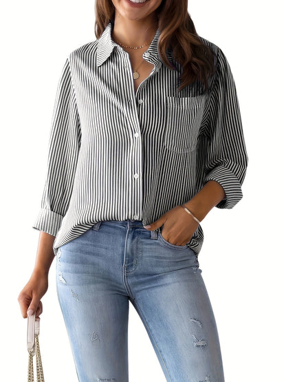 Sixsr Striped Print Button Front Shirt, Casual Long Sleeve Shirt With Pocket, Women's Clothing