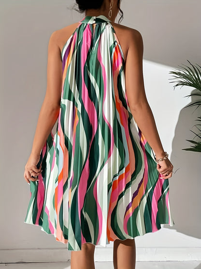 Striped Pleated Halter Neck Dress, Sexy Sleeveless Random Print Dress For Spring & Summer, Women's Clothing