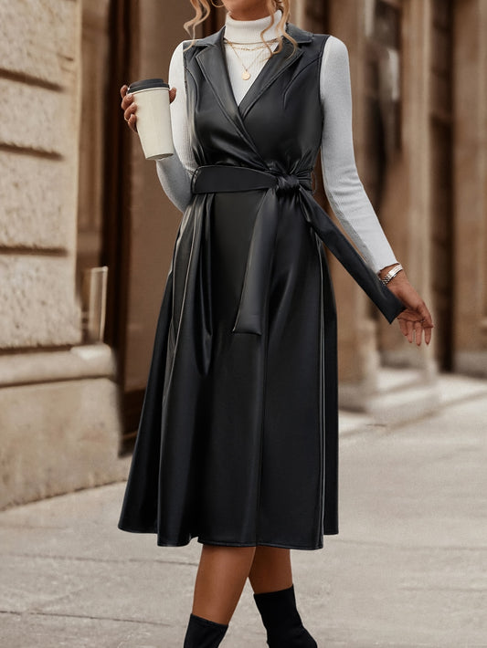 Sixsr Solid Lapel Belted Dress, Elegant Faux Leather Sleeveless Dress, Women's Clothing