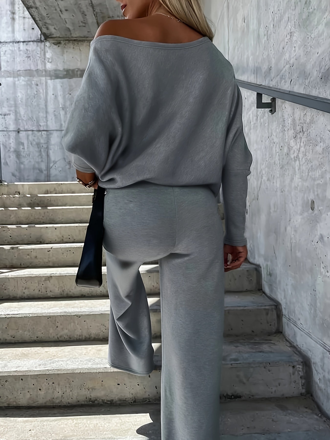 Sixsr Casual Solid Two-piece Set, One-shoulder Loose Top & Wide Leg Pants Outfits, Women's Clothing