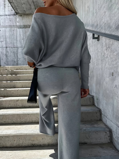 Sixsr Casual Solid Two-piece Set, One-shoulder Loose Top & Wide Leg Pants Outfits, Women's Clothing