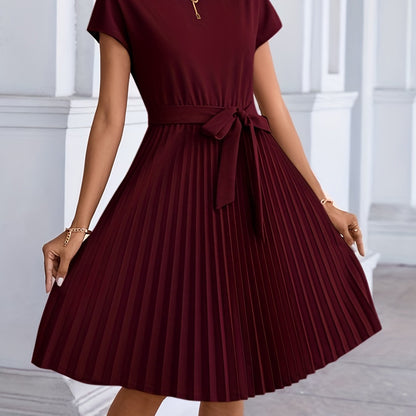 Pleated Tie Front Dress, Casual Short Sleeve Dress For Spring & Summer, Women's Clothing