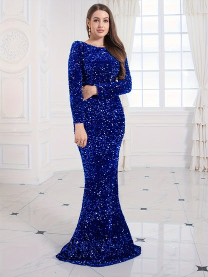 Sixsr Contrast Sequin Mermaid Hem Dress, Elegant Long Sleeve Evening Party Dress, Women's Clothing