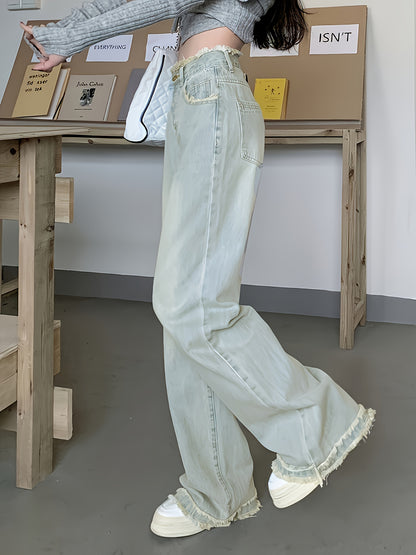 Sixsr  High Waist Chic Baggy Jeans, Frayed Hem Loose Fit Slant Pockets Denim Pants, Women's Denim Jeans & Clothing