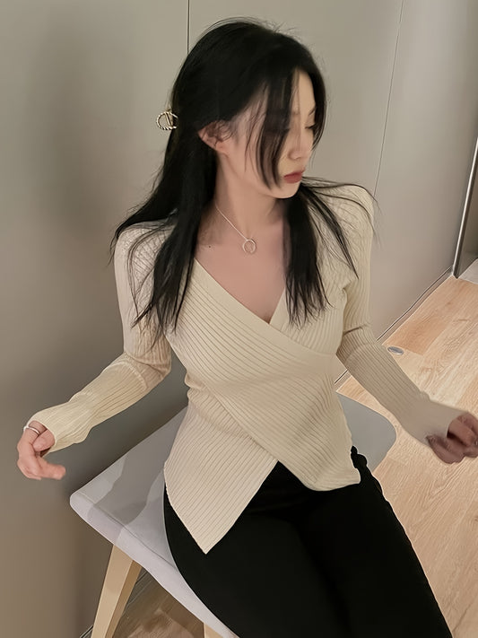Sixsr Solid Cross Front Knitted Top, Casual Long Sleeve V Neck Slim Sweater, Women's Clothing