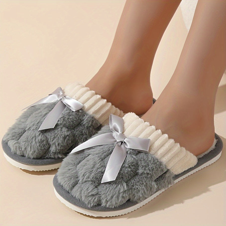 Cozy Warm Slippers - Soft, Slip-Resistant, Fluffy, Flat, Bowknot Decorated, Plush, Winter Shoes for Cold Weather - Indoor, Outdoor, Non-Slip, Comfortable, Easy Slip-On Design