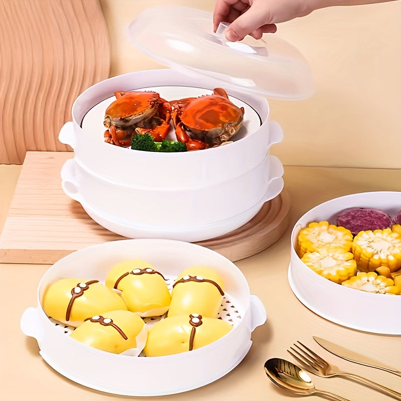 Multi-Tier Microwave Steamer Set - Stackable Double Boilers with Steaming Plate Inserts, BPA-Free PP Material, Power-Free Cooking - High Heat Resistant Microwave Steamers for Vegetables, Meats, Dumplings