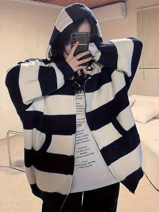 Sixsr Striped Zip Up Knit Cardigan, Vintage Long Sleeve Loose Hooded Sweater, Women's Clothing