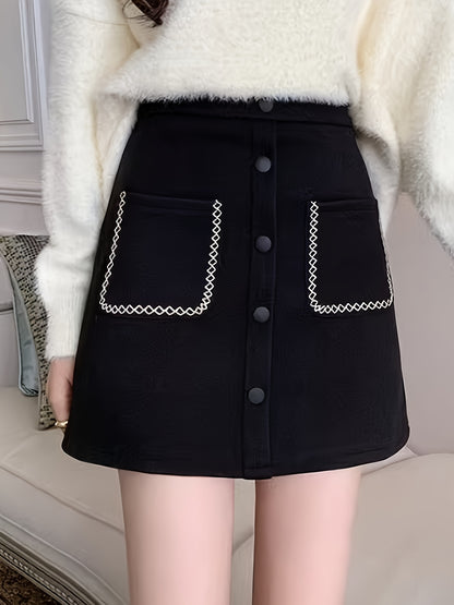 Sixsr Button Decor High Waist Skirt, Chic Dual Pockets A-line Skirt, Women's Clothing