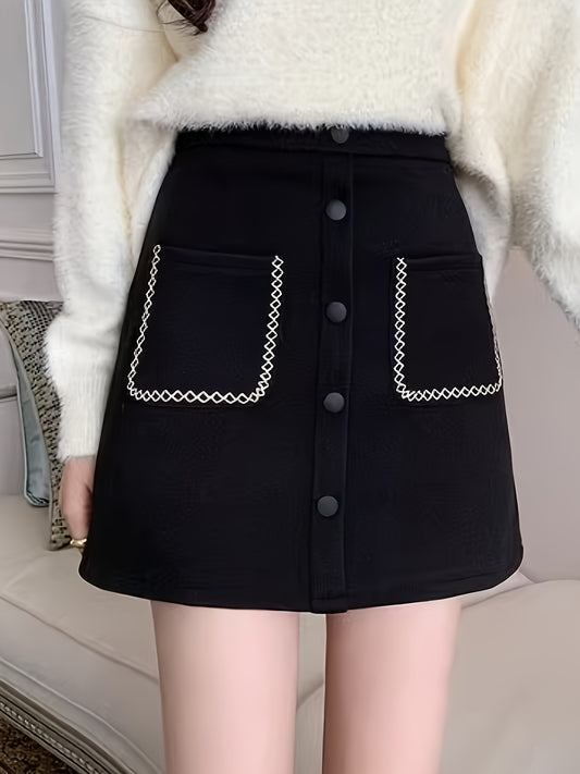 Sixsr Button Decor High Waist Skirt, Chic Dual Pockets A-line Skirt, Women's Clothing