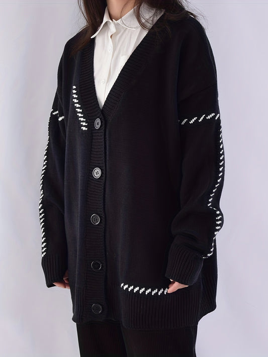 Sixsr V Neck Preppy Cardigan, Button Up Long Sleeve Casual Sweater For Winter & Fall, Women's Clothing