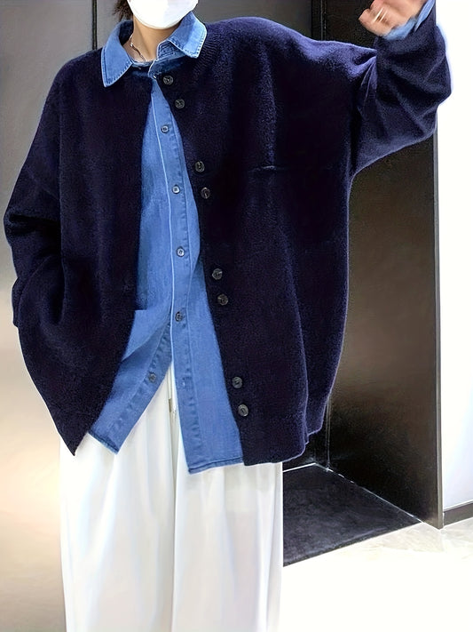 Sixsr Solid Button Down Knit Cardigan, Casual Long Sleeve Drop Shoulder Sweater, Women's Clothing