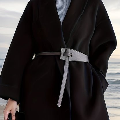 Sixsr Plus Size Elegant Coat, Women's Plus Solid Long Sleeve Shawl Collar Surplice Neck Woolen Coat With Pockets & Belt