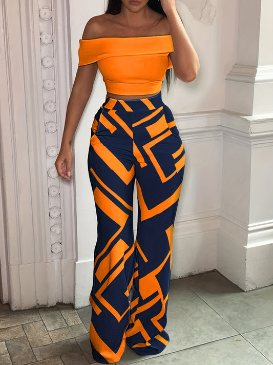 Sixsr Casual Color Block Two-piece Set, Drop Shoulder Blouse & Fashion Pants Set, Women's Clothing