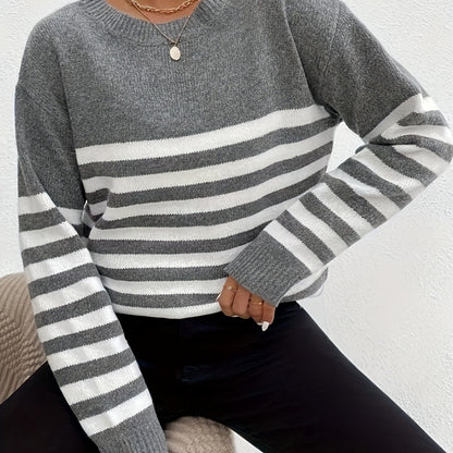 Sixsr Striped Crew Neck Pullover Sweater, Casual Long Sleeve Loose Knit Sweater, Women's Clothing