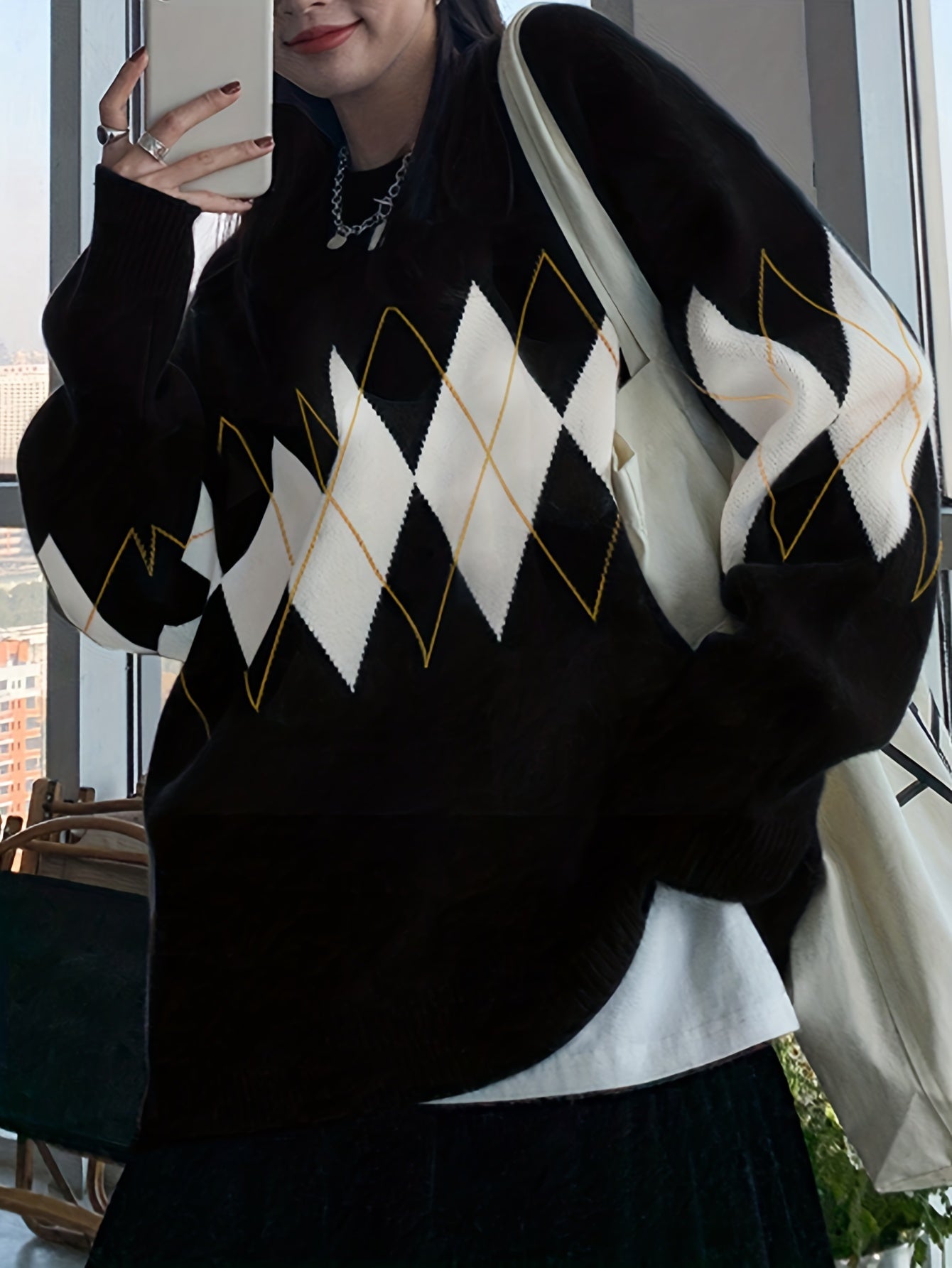 Sixsr Argyle Pattern Knit Sweater, Casual Long Sleeve Pullover Sweater, Women's Clothing