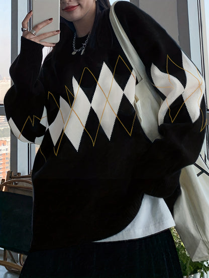 Sixsr Argyle Pattern Knit Sweater, Casual Long Sleeve Pullover Sweater, Women's Clothing