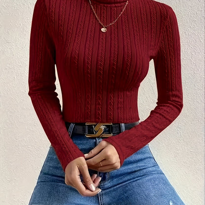 Sixsr Solid Turtleneck Textured T-shirt, Versatile Long Sleeve Slim T-shirt For Fall & Winter, Women's Clothing