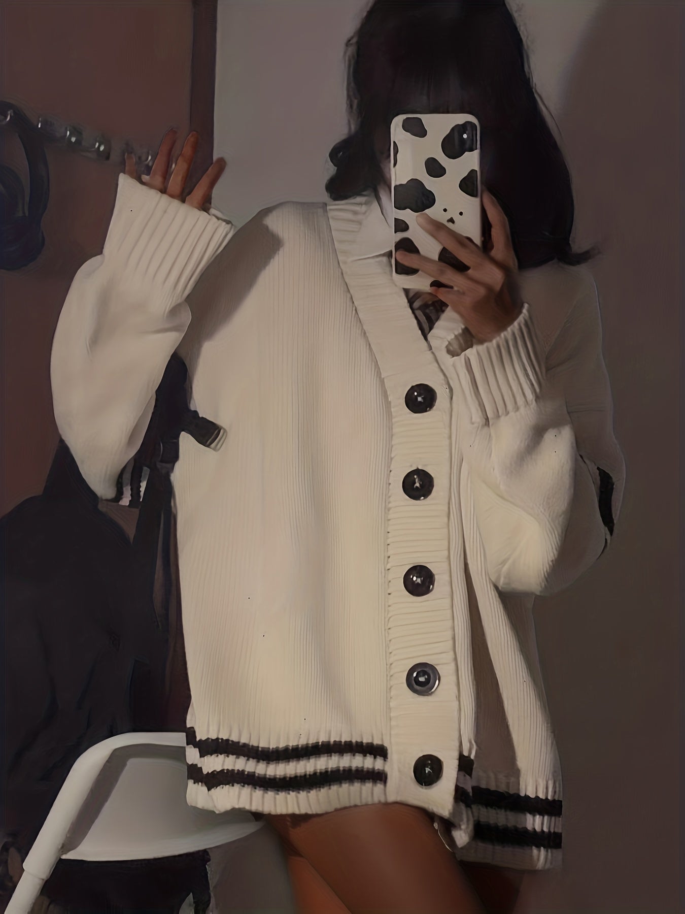 Sixsr Striped Button Down Knit Cardigan, Preppy Long Sleeve Loose Sweater, Women's Clothing