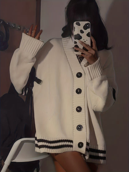 Sixsr Striped Button Down Knit Cardigan, Preppy Long Sleeve Loose Sweater, Women's Clothing