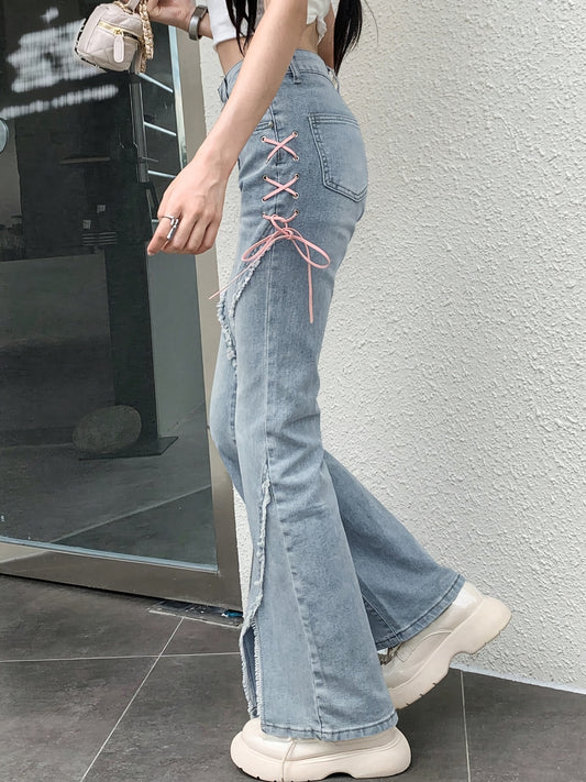 Sixsr Tie Side High Waist Flared Jeans, Split Front Raw Trim Washed Bell Bottom Denim Pants, Women's Denim Jeans & Clothing